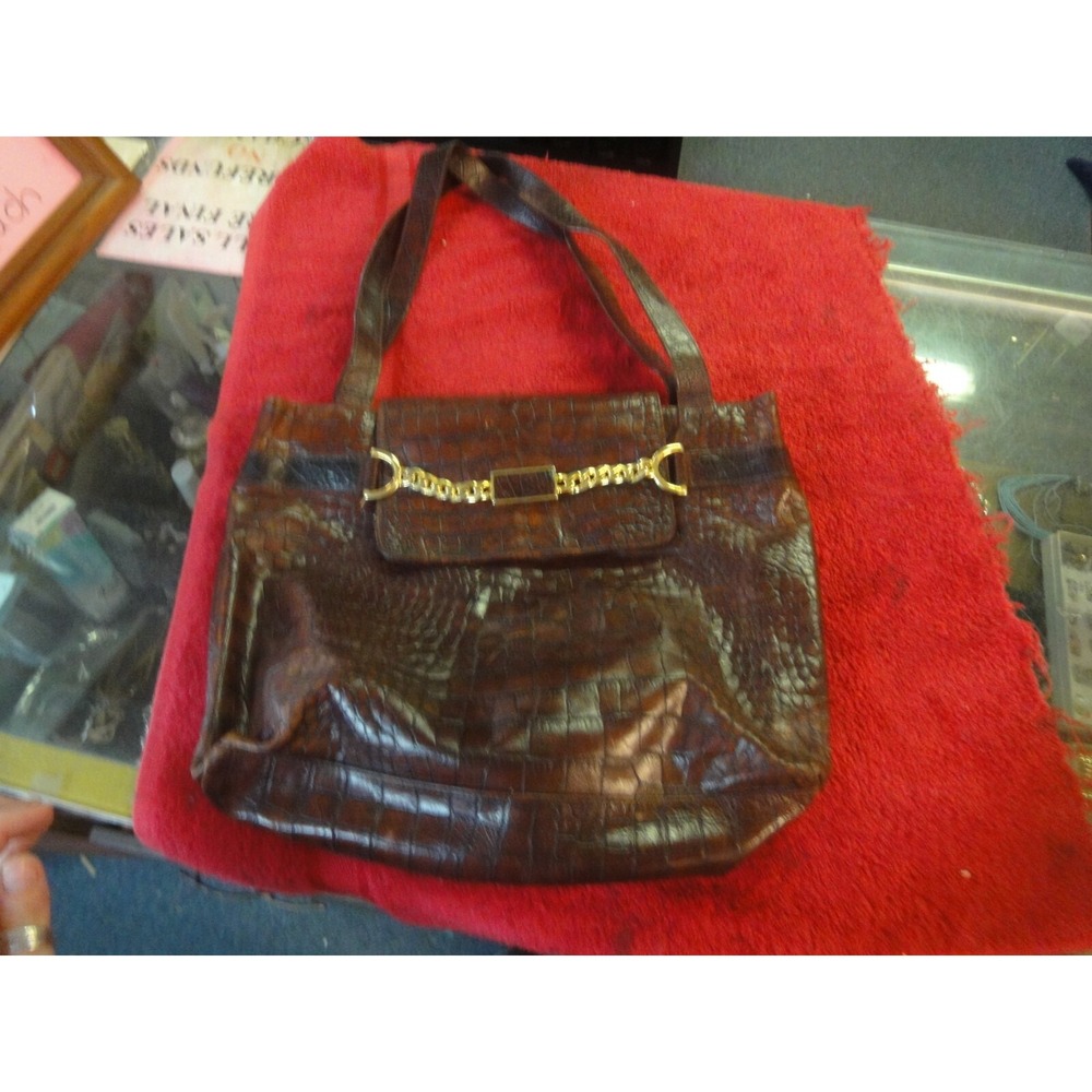 Oro Vittadini‎ Crocodile texture Embossed Brown Leather handbag purse tote